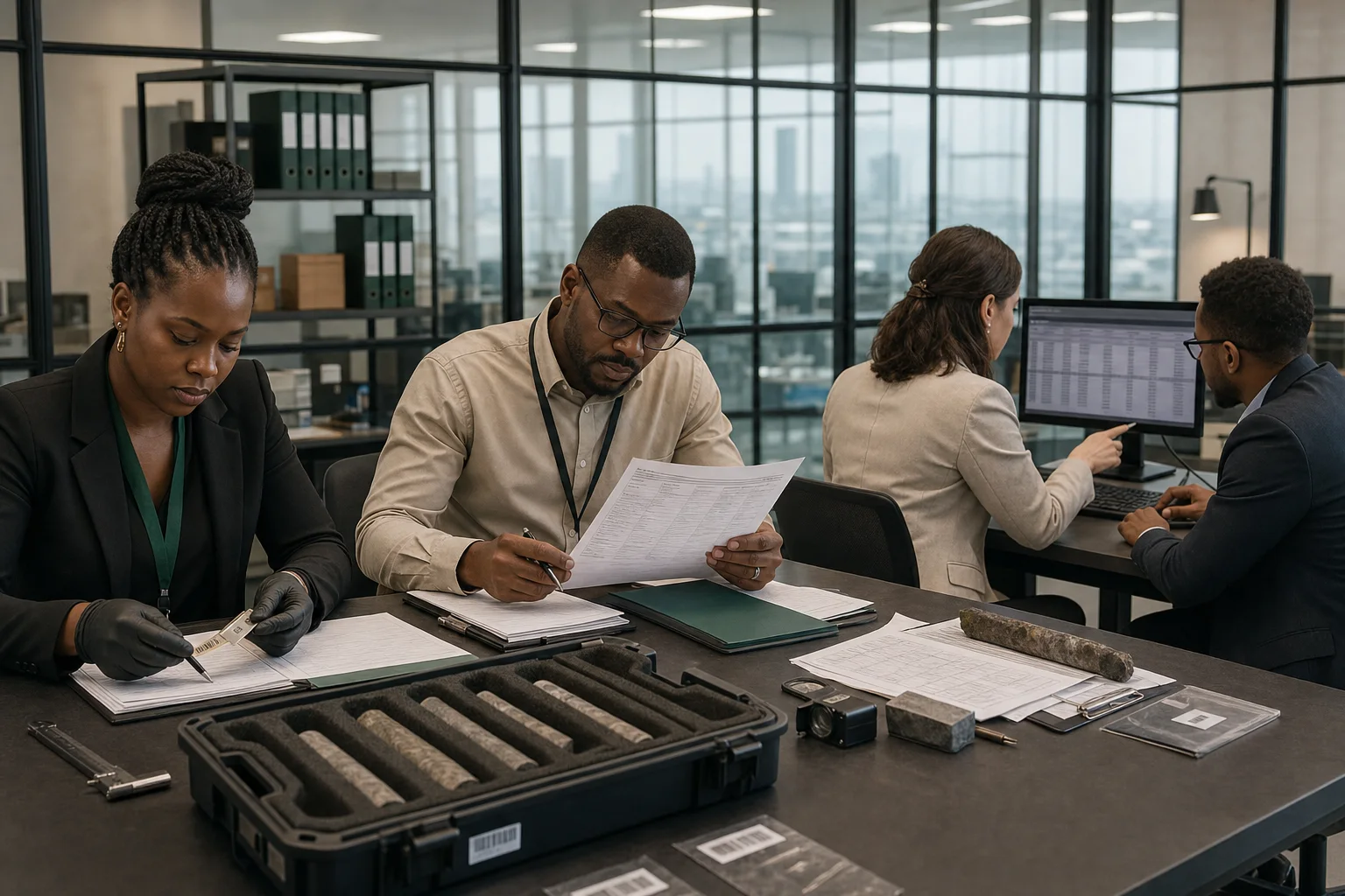 Field officers logging a mineral sample against its record