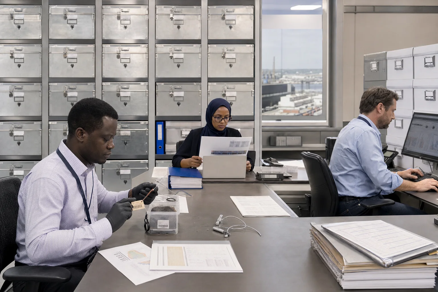 Custody officers verifying sealed consignments at the port