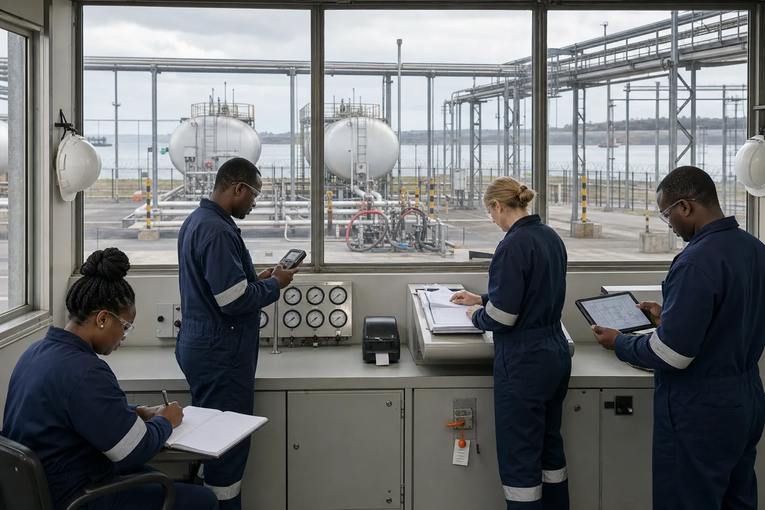 Operators logging a batch at a cooperative-scale processing line