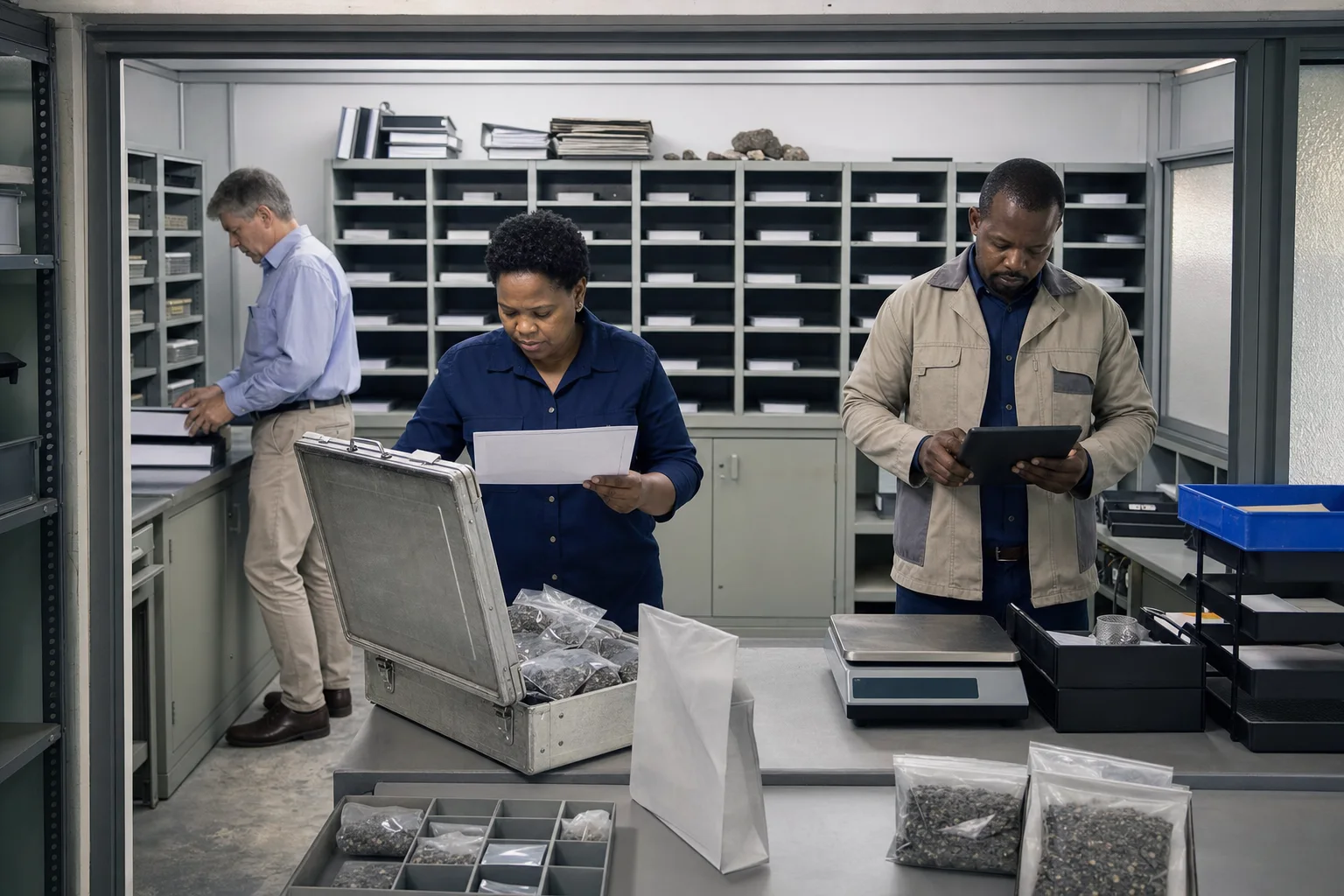 Field officers logging a mineral sample against its record
