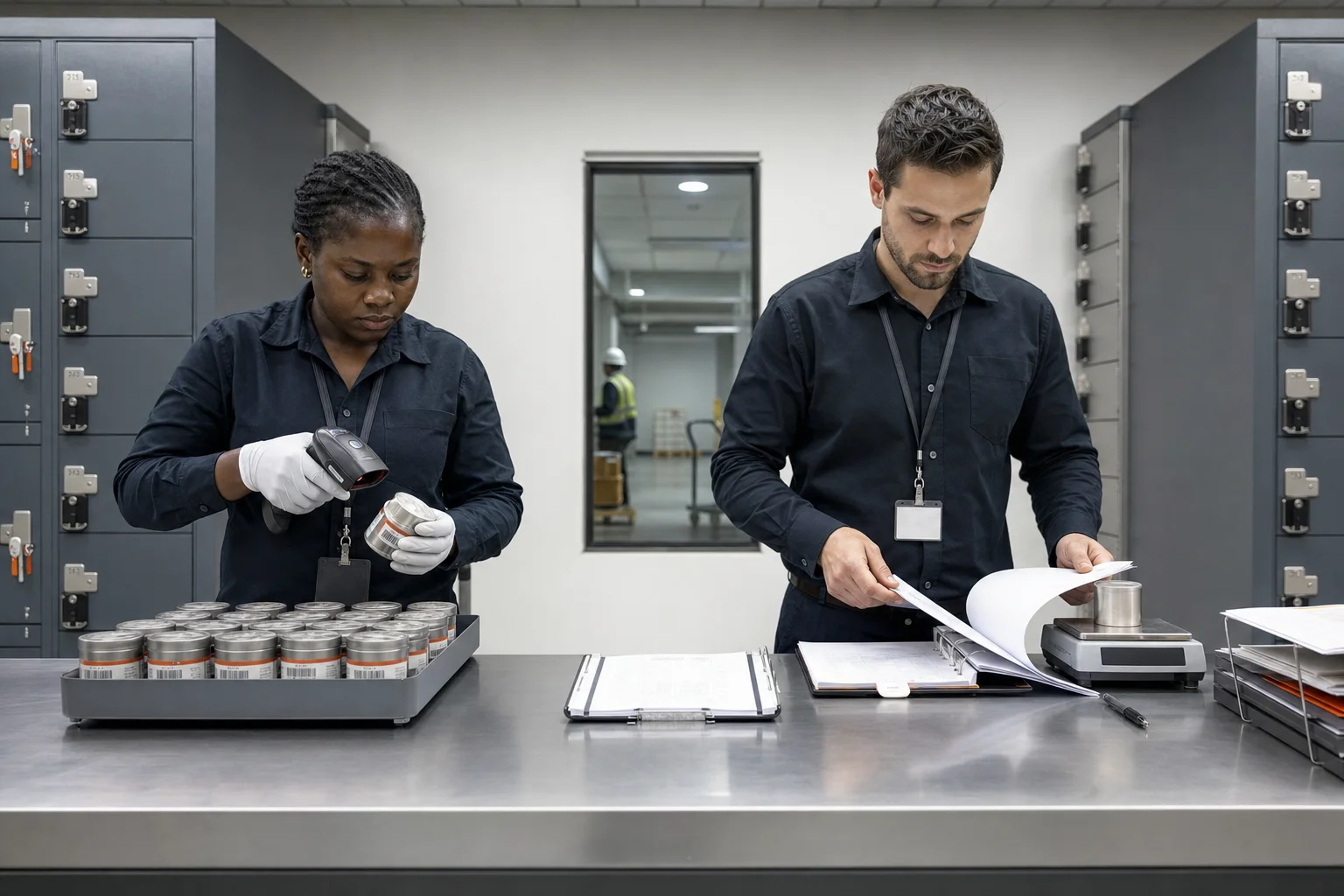 Operators logging a batch at a cooperative-scale processing line