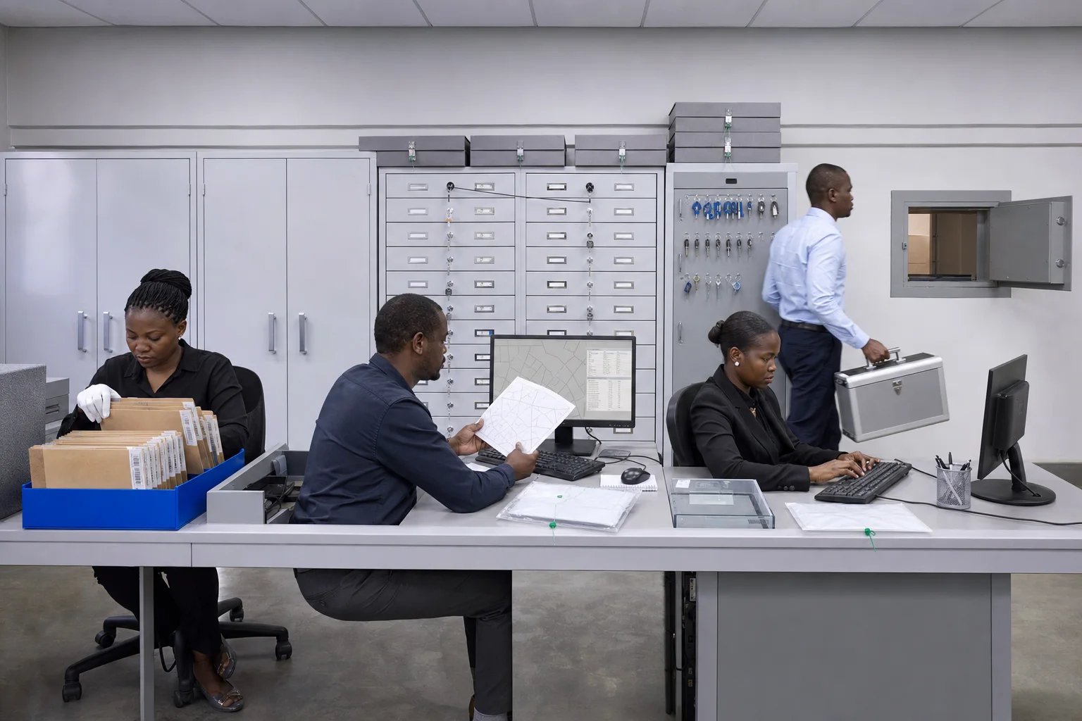 Operators logging a batch at a cooperative-scale processing line
