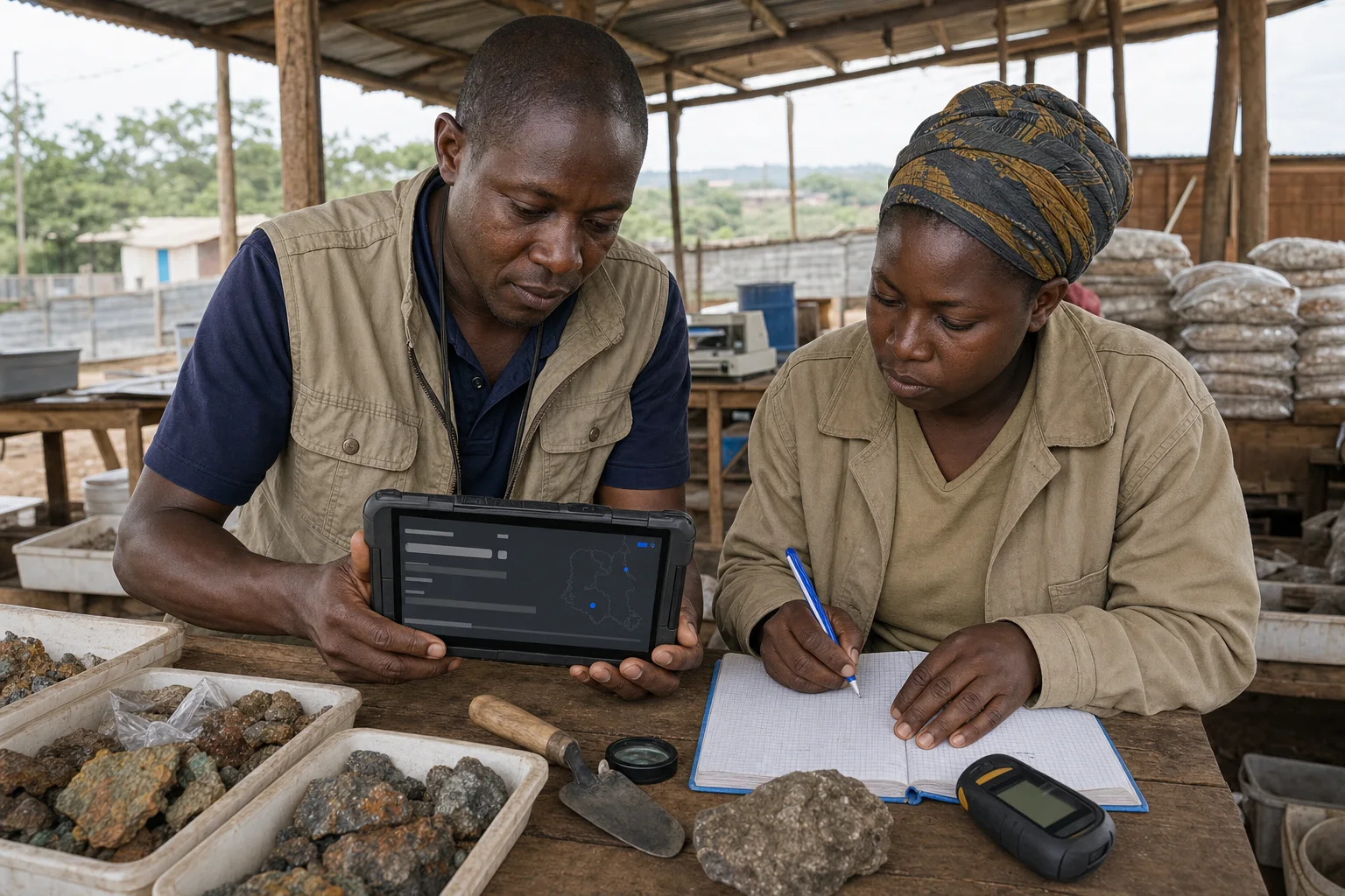 Field officers logging a mineral sample against its record