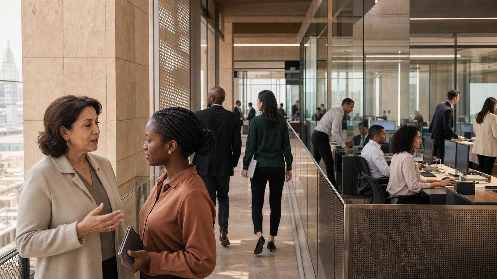 Colleagues in conversation in an Exchange office