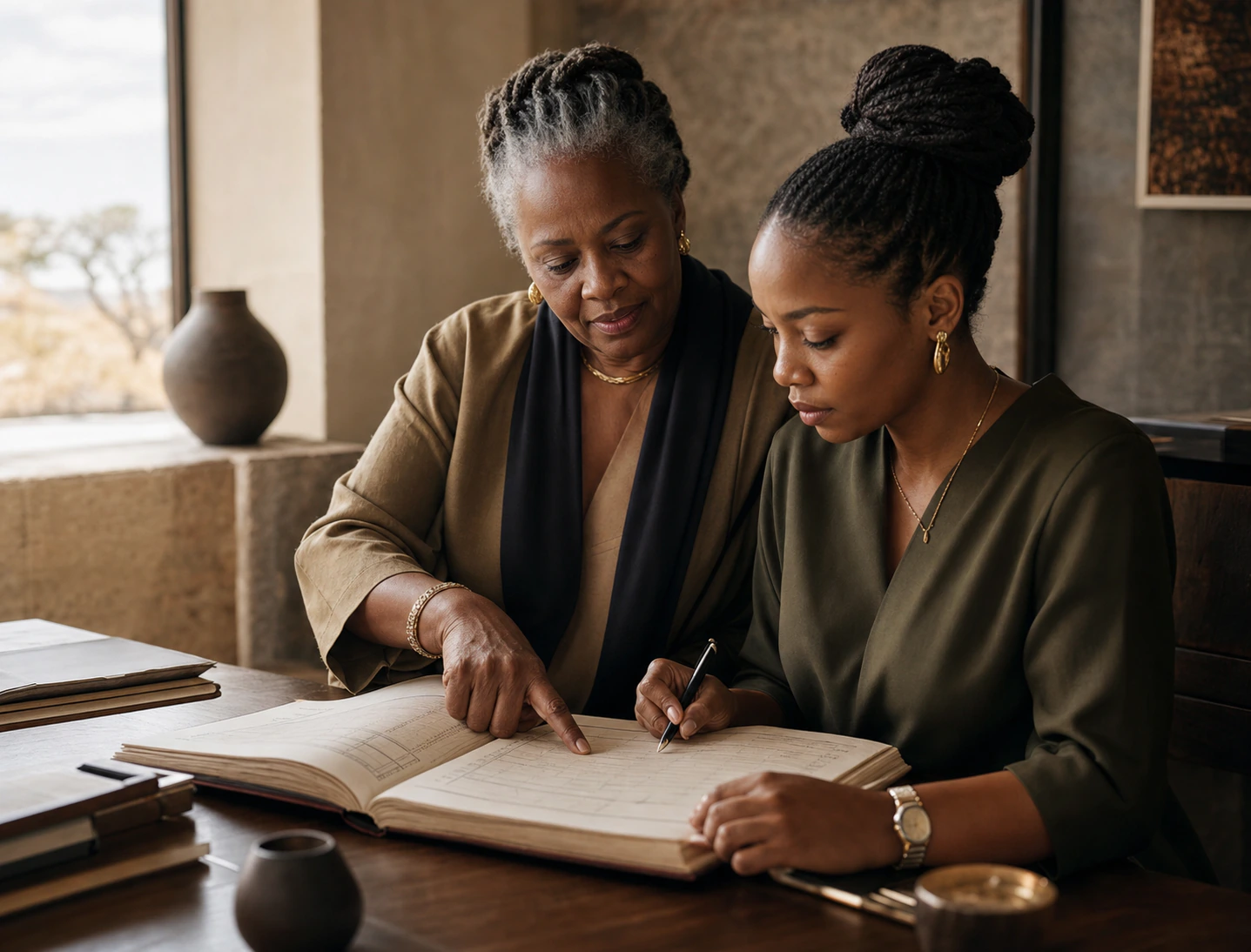 Wealth advisors reviewing a long-horizon mandate ledger