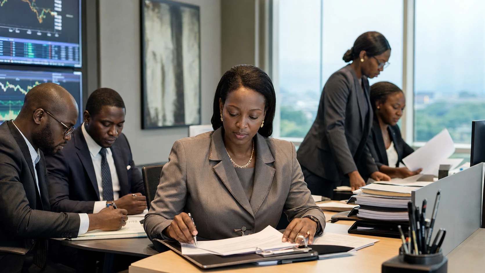 Wealth advisors reviewing a long-horizon mandate ledger